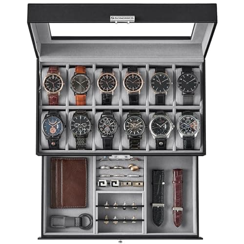 SONGMICS Watch Box, 12-Slot Watch Case Organizer with Large Glass Lid, 2 Layers, Removable Pillows, Metal Lock, Gift for Loved Ones, Black Synthetic Leather, Gray Lining UJWB012 - Image 1