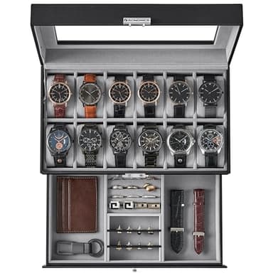 SONGMICS Watch Box, 12-Slot Watch Case Organizer with Large Glass Lid, 2 Layers, Removable Pillows, Metal Lock, Gift for Loved Ones, Black Synthetic Leather, Gray Lining UJWB012 - Image 1