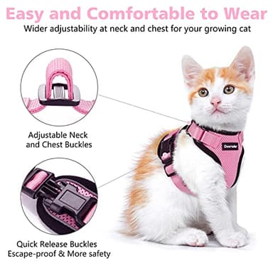 Dooradar Cat Harness and Leash Set, Escape Proof Safe Adjustable Kitten Vest Harnesses for Walking, Easy Control Soft Breathable Mesh Jacket with Reflective Strips for Cats, Pink, XS - Image 2