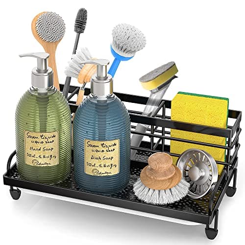 Cisily Large Kitchen Sink Caddy Organizer, Rustproof Non-Slip Soap Dish Dispenser Brush, Sponge Holder for Kitchen Sink, Kitchen Organization and Storage, Home Essentials Accessories（Black） - Image 1
