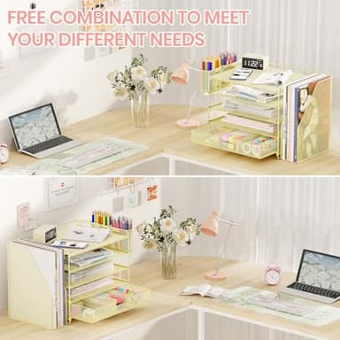 OPNICE Desk Organizers and Accessories, 5-Tier Paper File Organizer with Drawer & Pen Holder, Office Desk Accessories Workspace Desktop Organizer for Office Supplies(Gold) - Image 7