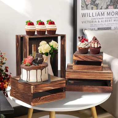 6 Pcs Buffet Risers with Mini Signs, Rustic Wood Cake Stands, Food Risers for Buffet Table, Dessert Display Stand, Wood Crates, Rustic Cake Stand for Party, Wedding, Birthday, Baby Shower, 3 Sizes - Image 3