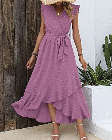 BTFBM Women V Neck Summer Dress 2025 Cap Sleeve Swiss Dot Boho Flowy Ruffle Slit Beach Party Long Maxi Cocktail Dresses(Purple, Small) - Image 3