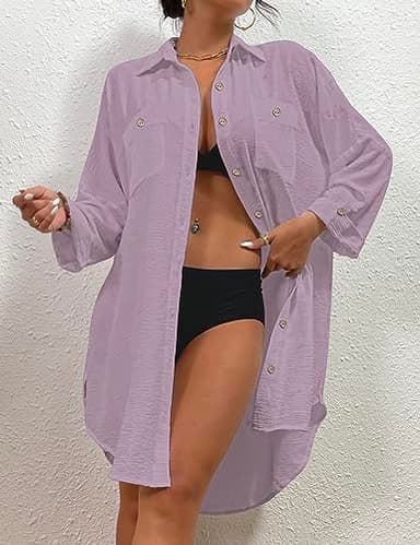 Bsubseach Womens Modern Swimsuit Cover Up Blouse Button Down Shirt Dresses Tops Light Purple - Image 6