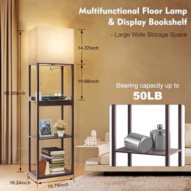 RUNTOP Floor Lamp with Shelves, Modern Standing Lamp with Wireless Charger, 1 Drawer and 2 USB Ports & 2 Power Outlet, 15W LED Bulb 3 Colors, Memory Function, Shelf Lamp for Living Room and Bedroom - Image 5