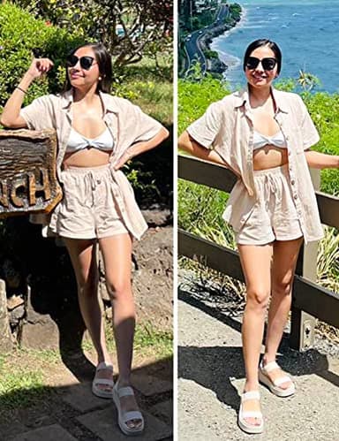 APAFES Women Summer Cotton Linen Short Sets 2 Piece Shorts Top Lounge Beach Vacation Two Piece Outfits Tracksuits(762-Apricot-M) - Image 4