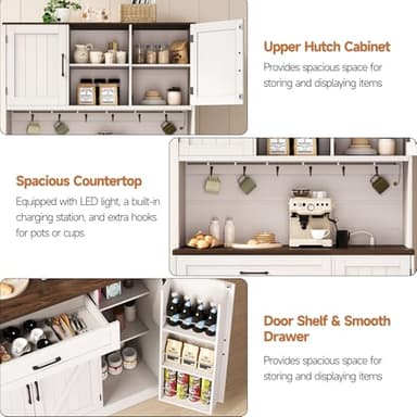 ONBRILL 71" Pantry Cabinet, Kitchen Pantry Storage Cabinet with LED Light & Outlet, Kitchen Hutch with Microwave Shelf & 6 Hook, Door Shelf & Drawer & Adjustable Shelf, Dining Room, Off White+Walnut - Image 7
