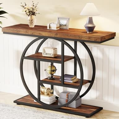 Tribesigns 41.3" Console Table, Industrial 4-Tier Sofa Table Entryway Table with Circle Base, Narrow Wood Accent Tables with Storage Shelves for Living Room, Hallway, Foyer, Rustic Brown - Image 3