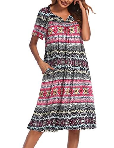Ekouaer Women's House Dress with Pockets, Black Red Boho, Large - Image 1