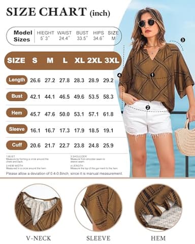 Bebonnie Womens 3/4 Sleeve V Neck Bohemian Peasant Blouses Casual Loose Fit Tunic Tops Diamond Brown XXL - Image 6