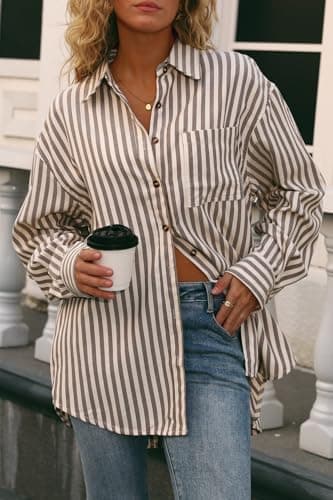 CHYRII Womens Striped Button Down Shirt Casual Long Sleeve Blouse Top Tan M - Image 5