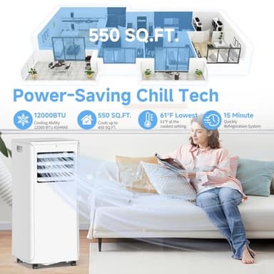 12000 BTU Portable Air Conditioners - 3-in-1 Cooling Unit with Dehumidifier, Fan & AC Modes - Ac Units Cools Up to 550 Sq.Ft - 24-Hour Timer, Remote Control & Window Kit Included - White - Image 2