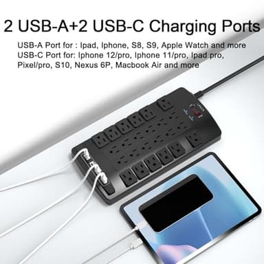 QINLIANF Surge Protector Power Strip - 6Ft Flat Plug Heavy Duty Extension Cord with 24 Outlets and 4 USB Ports(2 USB-C Ports), 1875W/15A, 4100J, for Home, Office, Dorm, ETL Listed, Black - Image 3