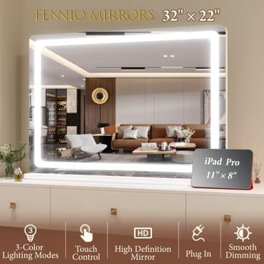 FENNIO Vanity Mirror with Lights 32"x22", Lighted Makeup Mirror, Large Vanity Mirror with Lights, Touch Sensor with 3-Color Lighting, USB Charging Port for Vanity Desk Tabletop - Image 6