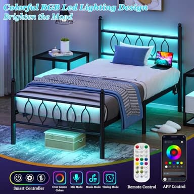 Samurbex Twin Size Bed Frame with Headboard,Black Metal Platform Bed Frame Twin Size with Charging Station & LED Lights,12-Inch Under Bed Storage,No Box Spring Needed,Noise Free,Easy to Assemble - Image 3