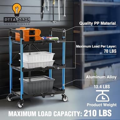 WORKPRO 3-Tier Collapsible Service Cart, 210 LBS Foldable Utility Service Cart with Wheels, Portable Tool Cart for Garage, Warehouse, Home, Restaurant, Office (No Assembly Required) - Image 4
