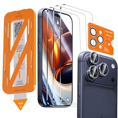 QHOHQ [1-Second Auto-Install] 3 Pack Screen Protector for iPhone 17 Pro [6.3 Inch] + 1 Set Camera Lens Protector, Shatterproof Tempered Glass, [Military Grade Protection], Anti-Finger, Case Friendly - Image 1