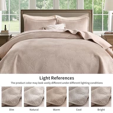 DEVIONIX Velvet Quilt Queen Size, 3-Piece Lightweight Soft Summer Quilt Bedding Set, Breathable Light Taupe Bedspread with Pillow Shams, Luxury Ultrasonic Leaf Pattern Coverlet for All Season - Image 4