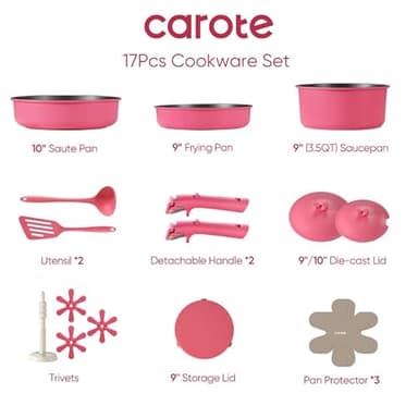 CAROTE 17pcs Pots and Pans Set Non Stick, Nonstick Cookware Set, Oven/Dishwasher/Fridge Safe Pots and Pans, RV Safe Cookware, Induction Kitchen Gift Set Detachable Handle, Pink - Image 2