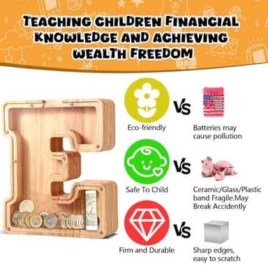UBeesize Large Piggy Banks Twenty-Six English Alphabet Letter for Boys Girls, Wooden Personalized Bills and Coins Bank Money Box,DIY Name Birthday Gift,Bedroom Living Room Decoration(Q) - Image 3
