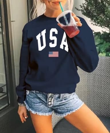 Dressmine Women American Flag Girl Clothes Usa Sweatshirt Letter Print Graphic Patriotic Shirts Pullover Navy Blue 02 Medium - Image 3