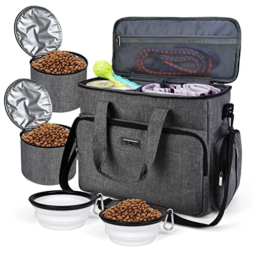 BAGLHER Dog Travel Bag, Airline Approved Pet Tote Organizer with Multi-Function Pockets, 2 X Food Storage Containers and 2 X Collapsible Dog Bowls, Perfect Weekend Pet Travel Set for Dog, Cat Grey - Image 1