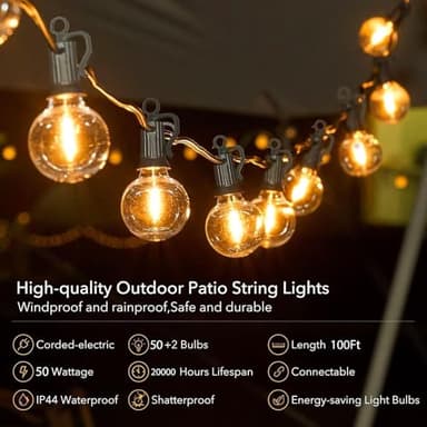 Brightown Outdoor String Lights - 100 FT Patio Lights with 50 LED G40 Globe Plastic Bulbs, All Weatherproof Connectable Commercial Hanging Light for Outside Backyard Porch Cafe - Image 3