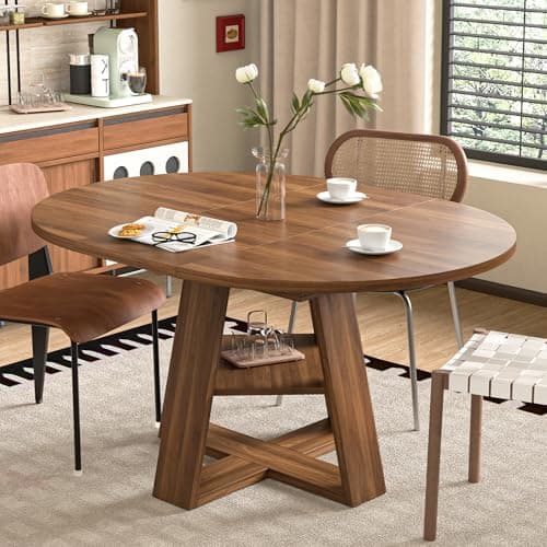 43.3in-59in Extendable Round Dining Table for 4-8,Modern Kitchen Oval Dining Table with Removable Leaves Space Saving,Wood Base with Storage Shelf for Kitchen Living Room (Walnut) - Image 1
