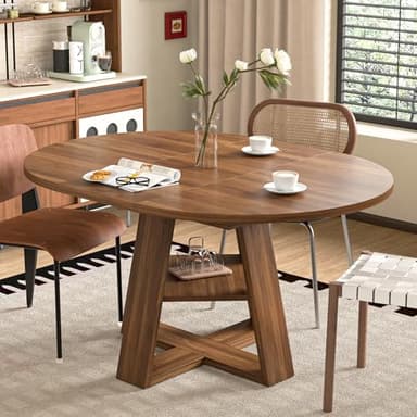 43.3in-59in Extendable Round Dining Table for 4-8,Modern Kitchen Oval Dining Table with Removable Leaves Space Saving,Wood Base with Storage Shelf for Kitchen Living Room (Walnut) - Image 1