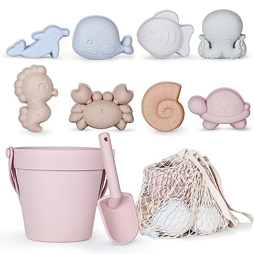 MarcZero 11Pcs Silicone Beach Toys,Modern Baby Beach Toys,Travel Friendly Beach Set,Silicone Bucket, Shovel, 8 Sand Molds, Beach Bag,Silicone Sand Toys for Toddlers, Kids (Pink) - Image 1