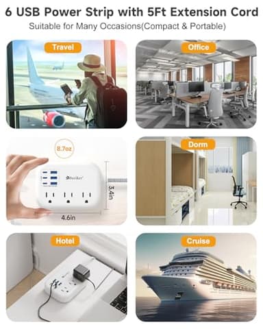 6 USB(3 USB C) Power Strip- Travel Power Strip with 6 USB Desktop Charging Station 24W/4.8A and 3 Outlets, 5Ft Flat Plug Braided Extension Cord, Non Surge Protector for Cruise Ship Travel Office Dorm - Image 8