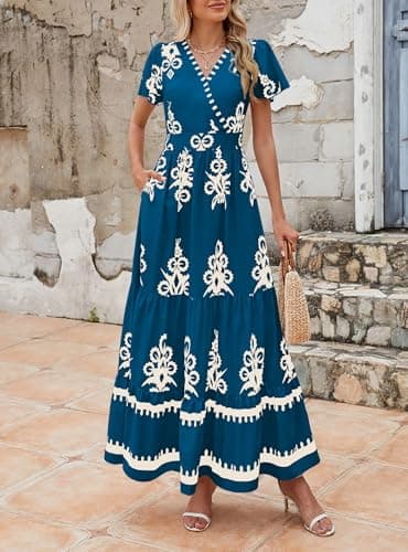 PRETTYGARDEN Womens 2025 Summer Casual V Neck Boho Maxi Dress Flowy Aline Bell Sleeve Tiered Floral Dresses with Pocket (Floral Lake Blue White,Small) - Image 8