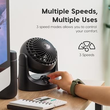 IRIS USA WOOZOO Desk Fan, Air Circulator, 3 Speeds, 32ft Max Air Distance, 112° Adjustable Tilt, 27.5db Quiet Motor, Small Fan for Bedroom, Office, Dorm, Black - Image 5