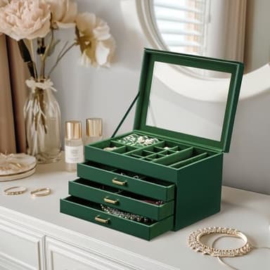 TidyStash 4 Layer Jewelry Box with Lid, Classic Jewelry Organizer with 3 Drawers for Women Girls, Adjustable Compartments, Modern Style, Green - Image 6
