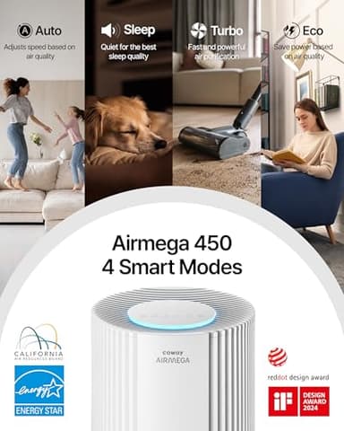 COWAY Air Purifiers for Large Room Whole Home Up to 3,285ft², True HEPA Filter for Smoke, Allergen, Pet Dander, Odor, PM(1, 2.5, 10), AQI, Turbo Eco Mode, Energy Star, 3yr Warranty, Airmega 450 Beige - Image 7