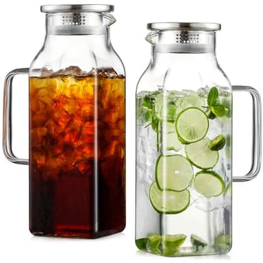 Netany 2 Pack 2 Liters/68 oz Square Glass Pitcher with Lid and Handle for Fridge, Iced Tea and Coffee Carafe Beverage Serveware, Heat Resistant Borosilicate Water Jug for Hot/Cold Drinks and Milk - Image 1