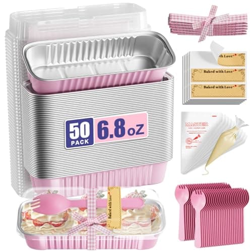 Gyreuni Loaf Baking Pans with Set- 50Pack Pink Mini Cake Pans with and Spoons＆Sticker,10 Piping Bags＆11yd Ribbon,Aluminum cake tins with lids for Cheesecake and Small Cake Container - Image 1