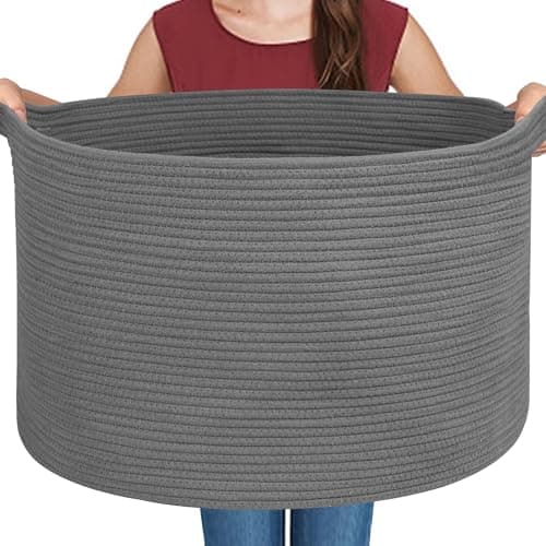 MEGASKET Large Dark Grey Storage Basket, Woven Cotton Rope Baskets for Storage, Big Blanket Organizer Storage Basket for Living Room, Kids Room Toy Storage Organizer Box, Blanket Keeper (22"x14") - Image 1