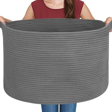 MEGASKET Large Dark Grey Storage Basket, Woven Cotton Rope Baskets for Storage, Big Blanket Organizer Storage Basket for Living Room, Kids Room Toy Storage Organizer Box, Blanket Keeper (22"x14") - Image 1