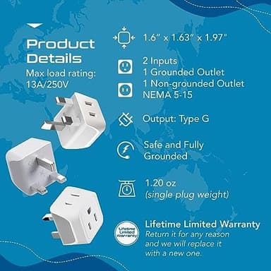 Ceptics UK Travel Plug Adapter, 2 in 1 Type G Adapter, US to UK Adapter, Ireland, Dubai Travel Adapter with Dual USA Inputs, CE, RoHS - HK Outlet Adapter, 3 Pack - Image 6