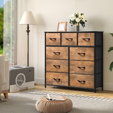 YITAHOME Dresser for Bedroom with 9 Drawers - Fabric Storage Tower, Tall Chest Organizer Unit for Living Room, Entryway, Closets with Sturdy Steel Frame, Wooden Top, Brown - Image 2