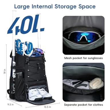 KAVIGOR Baseball Bag for Youth and Adult, Softball Backpack 40L Large Capacity, Bat Backpack with Shoes Compartment and Hidden Helmet Holder - Image 3