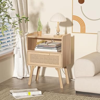 Lerliuo Rattan Nightstands Set of 2 with Charging Station, Boho Night Stand with Handmade Natural Rattan Drawer and Open Shelf, Side End Tables with Solid Wood Legs for Bedroom, Dorm, Small Spaces - Image 7