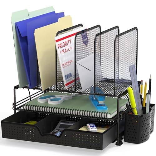 SIMPLE HOUSEWARE Mesh Desk Organizer with Sliding Drawer, Double Tray and 5 Upright Sections, Black - Image 1