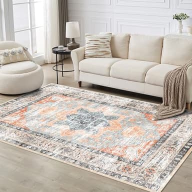 6x9 Area Rug, Ultra-Soft Washable Rug for Living Room, Dinner Room, Bedroom, Non-Slip Vintage Floral Rug, Indoor Carpet Large Area Rug, Orange - Image 2