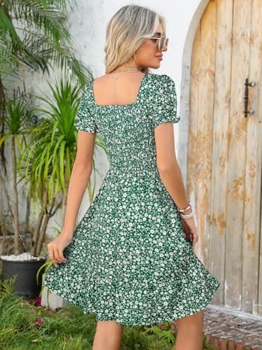 Lyrur Floral Mini Dresses with Pockets Short Sleeve Summer Dress Square Neck Flowy A-Line Boho Smocked Sundresses (S,7036 Green Floral) - Image 5