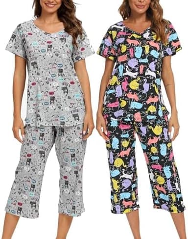 ENJOYNIGHT 2 Pack Womens Pajama Sets Cotton Short Sleeve Top with Capri Pants Summer Pjs Sleepwear - Image 3