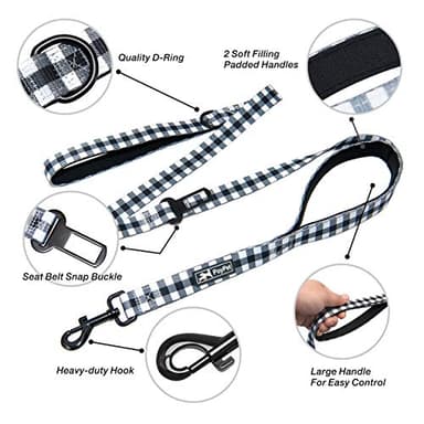 PoyPet 5 Feet Dog Leash - 2 Cushioned Handles - Functional Car Seat Belt (Grid, L) - Image 3