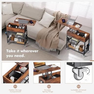 Colima Lift Top End Table with Charging Station and Wheels, Sofa Side Table with USB Port & AC Outlets, Movable Bedside Nightstand with Side Bag for Office Living Room Bedroom(Rustic Wood) - Image 4