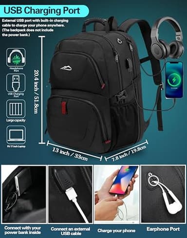 ProEtrade Travel Backpack, Extra Large Laptop Backpack School Business Anti Theft TSA Approved College Work Computer Bag Fits 17 Inch Laptop with USB Charging Port Bookbag for Women Men(Black) - Image 4
